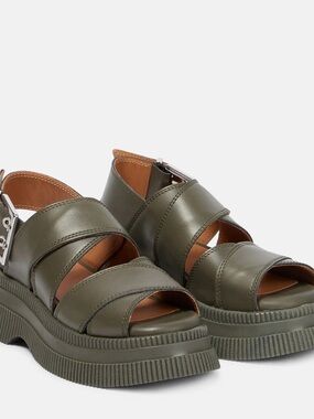 Ganni Olive Leather Platform Crossover Strap Sandals